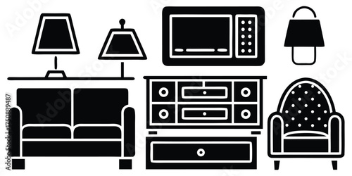 Vector icons of home furniture collection including sofa lamps microwave chest of drawers and armchair isolated simple graphics vector