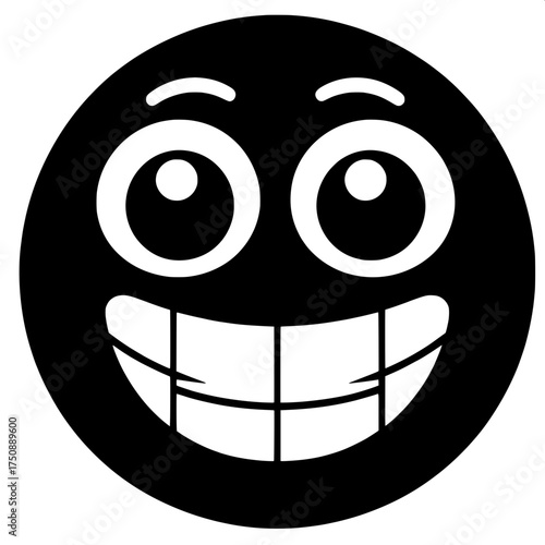 Black and White Vector Silhouette of Grinning Emoji with Big Teeth