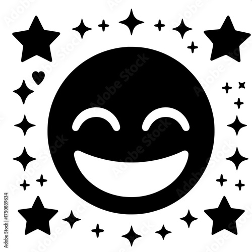 Black and White Vector Silhouette of Grinning Emoji with Big Teeth