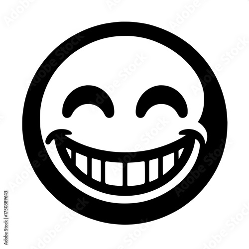 Black and White Vector Silhouette of Grinning Emoji with Big Teeth