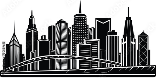 Modern city skyline silhouette vector illustration featuring tall skyscrapers and a bridge panoramic view vector