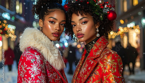 Dazzling young women in elaborate festive attire and embellished coats glow amidst the magical ambiance of a snow-dusted city street adorned with twinkling holiday lights