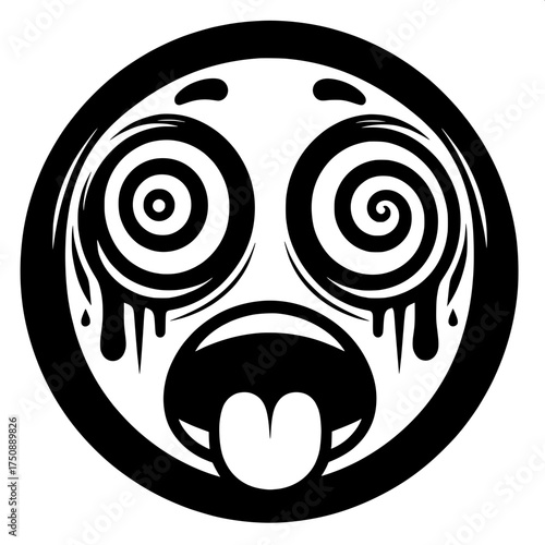 Black and White Vector Silhouette of Dizzy Emoji with Spiral Eyes