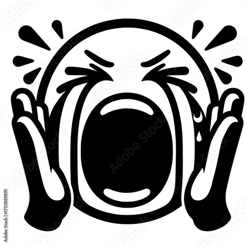 Black and White Vector Silhouette of Crying Loudly Emoji