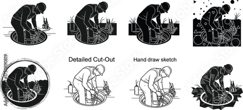 Confined space worker vector set in multiple artistic styles including silhouette, sketch, cut-out, geometric, and technical illustration formats