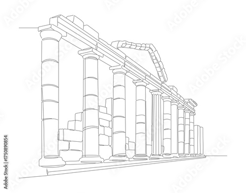 Minimalist Line Drawing of Ancient Greek Temple Architecture Landmark Illustration