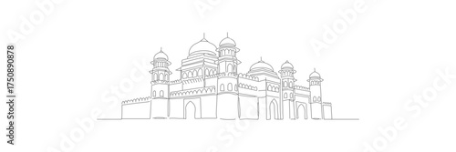 Detailed Outline Sketch of Ancient Building Complex and Nature Landscape Art