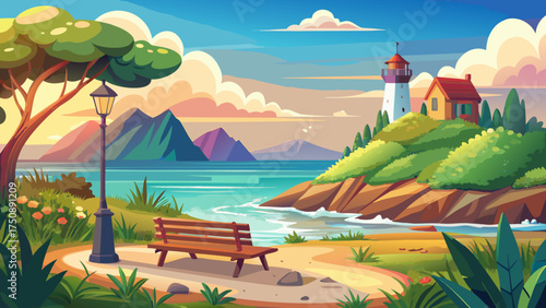 Very beautiful seaside view with a bench, bicycles, and distant lighthouse under calm sky, radiating travel charm, freedom, and quiet coastal serenity.
