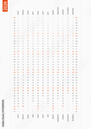 Spanish one row vertical calendar 2026, sunday first day of the week.