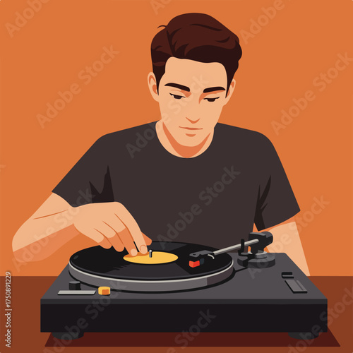 Stylized man playing vinyl record on a turntable with orange background