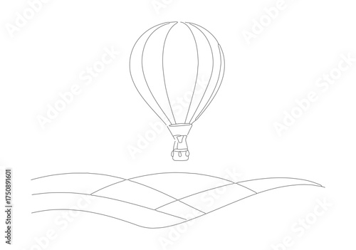 Dotted Line Style Detailed Hot Air Balloon Over Hill Landscape Illustration