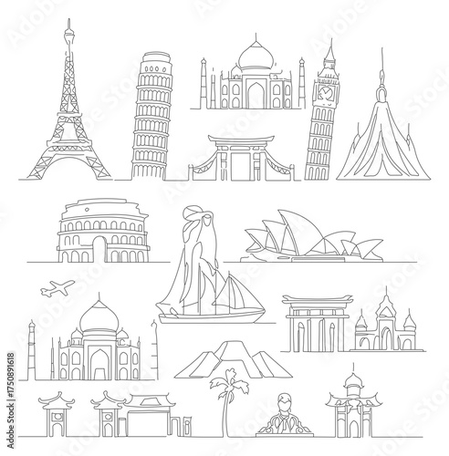 Minimalist Outline Landmark Silhouette Famous Building Architectural Landscape Illustration