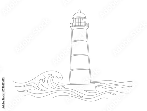 Minimalist Outline Lighthouse Icon on Sea Waves Nautical Illustration