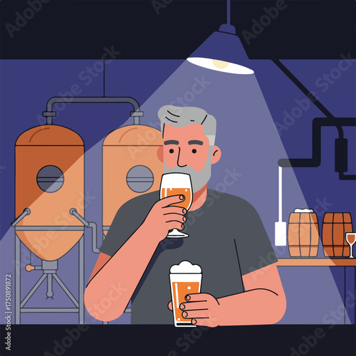 Brewery scene with man tasting beer by fermenting tanks and wooden barrels