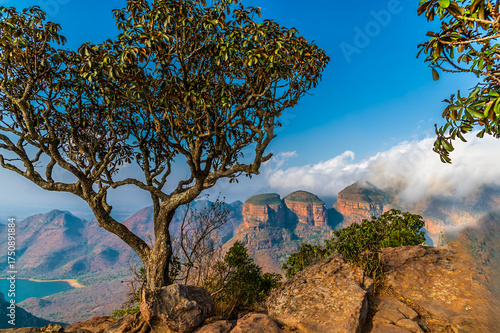 A view along the rim of Blyde River Canyon towards the three Rondavels,  Mpumalanga, South Africa in Springtime
