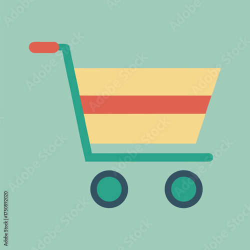 Illustration of a shopping cart on a blue background the cart is yellow with a red handle and green wheels, and it is empty