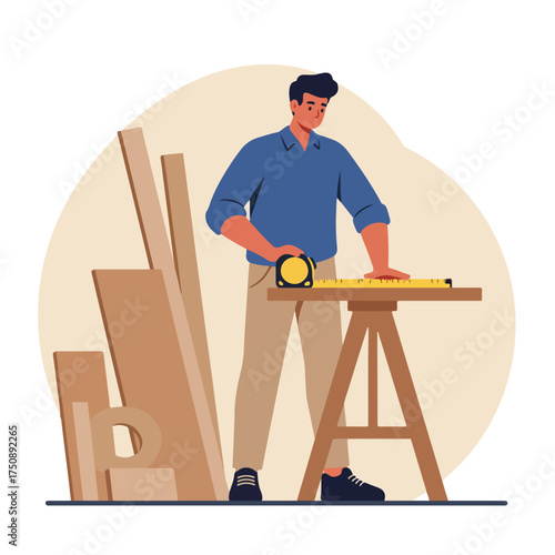 Man measuring wood on a work table near standing lumber stack