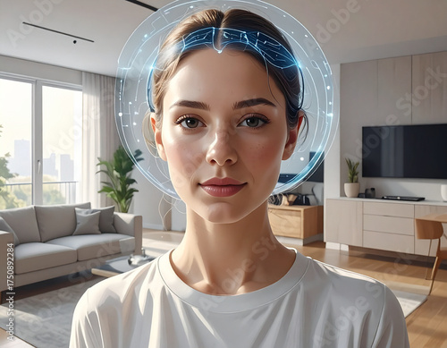 Futuristic digital avatar with glowing neural interface and serene expression, embodying advanced technology in a modern setting