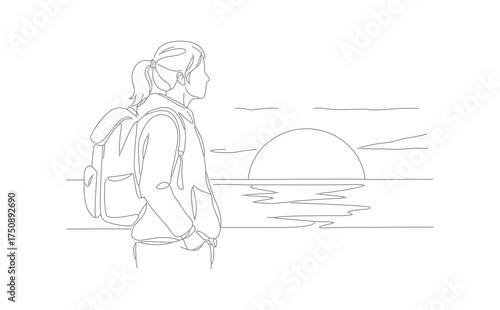 Simple Line Art Woman with Backpack Watching Sunset Landscape Illustration