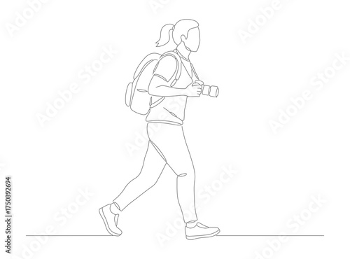 Minimalist Outline Walking Tourist Figure with Backpack Line Art Illustration