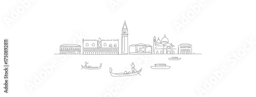 Minimalist Line Art Venice Cityscape Silhouette with Gondola and Architecture Landmarks