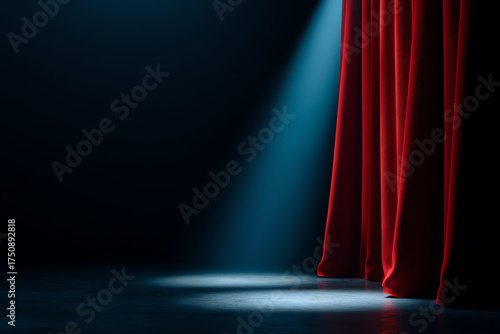 Red velvet stage curtains partially drawn with a focused blue spotlight illuminating the dark empty stage floor, creating a dramatic theatrical atmosphere