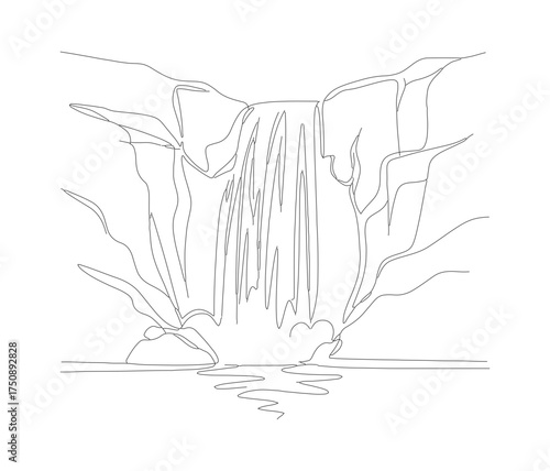 Minimalist Line Art Waterfall Landscape Scene Nature Illustration