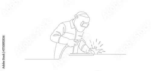 Line Drawing Professional Welder Silhouette with Protective Gear Occupation Illustration