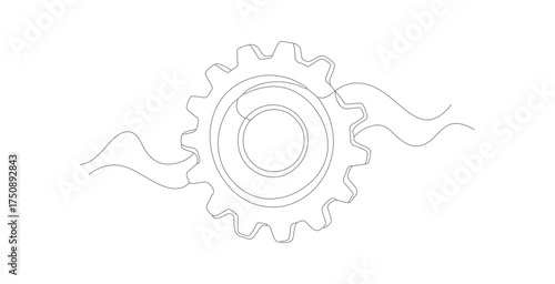 Simple Outline Continuous Line Cogwheel with Abstract Wave Illustration