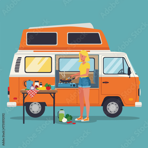 Woman cooks by orange campervan with vegetables, table, & blue background