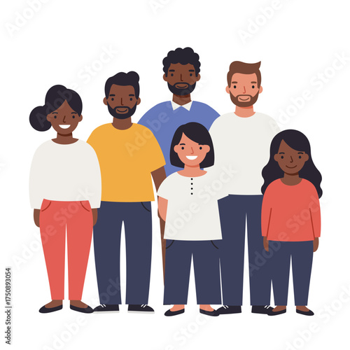 A diverse group of people, including adults and children, standing together and smiling.