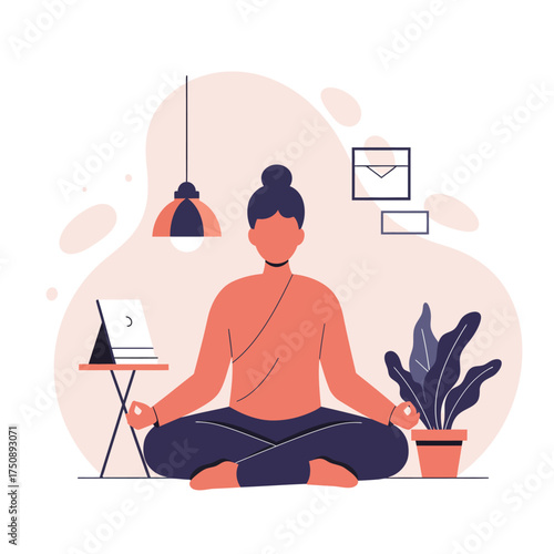 A person meditates peacefully in a minimalist, modern, and calming interior space.