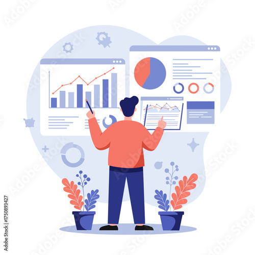 Man presenting data charts and graphs on screens, holding a tablet and pointer, surrounded by decorative plants.