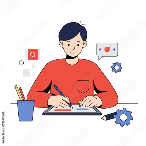 An artist is drawing on a tablet with a stylus, surrounded by design and search icons.