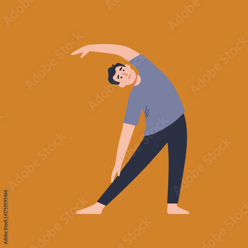 Man stretching sideways on a warm brown background, wearing grey-blue shirt