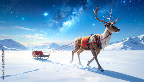 A majestic reindeer pulling Santa's sleigh through a snowy landscape under a starry night sky