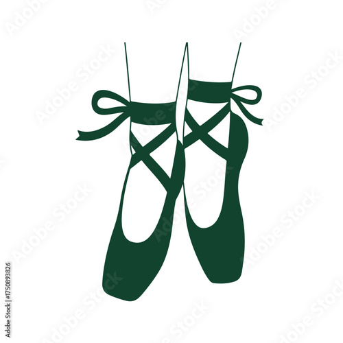 Forest green ballet shoes with crossed ribbons and bow, pointing upward