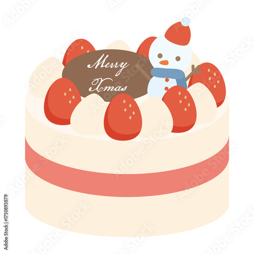雪だるまが上に乗った可愛いクリスマスケーキのシンプルなイラスト