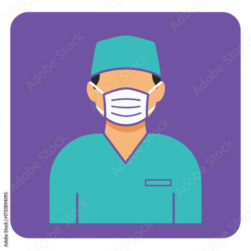 Vector art of a healthcare worker wearing teal scrubs and a mask, on violet