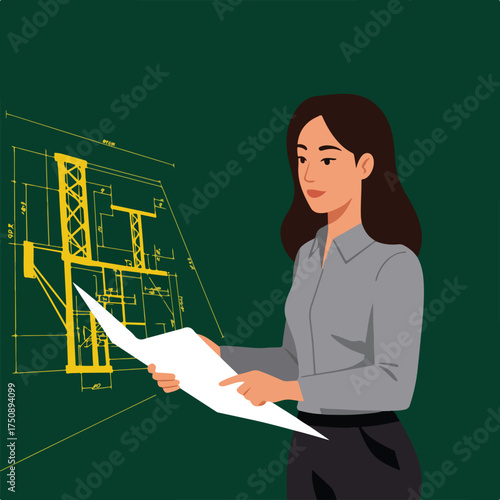 Woman reviews blueprints on green background