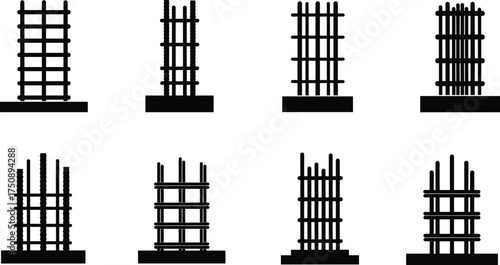 Reinforced Concrete Column Design Vector – Structural Engineering Silhouette Showing Rebar Layouts, Tie Configurations, and Construction Techniques for Stability