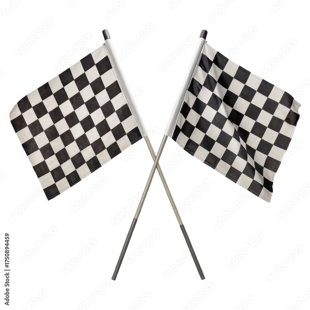 Fototapeta premium Two checkered racing flags crossed isolated on transparent background