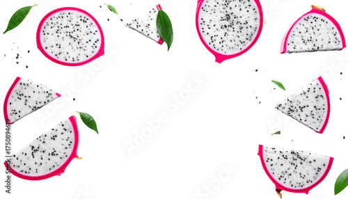 Sliced dragon fruit with white flesh, black seeds, pink rind, and green leaves, isolated cutout