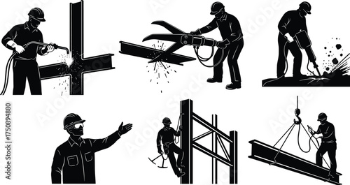 Steelworkers performing welding, cutting, climbing, and guiding beams – construction labor silhouettes with safety gear in industrial worksite scenes