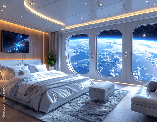 Space Hotel Suite with Earth View Luxurious Bed, Bright Interior & Cosmic Window