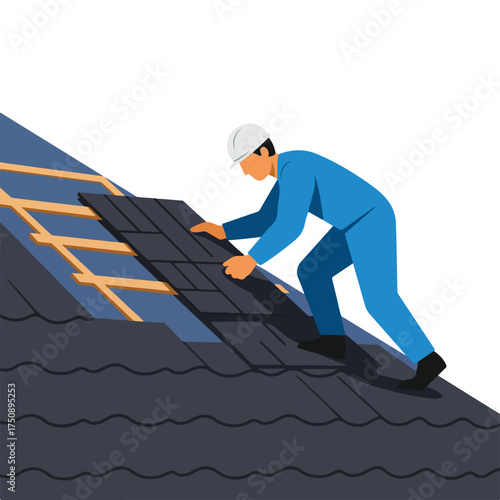 Roofer installing shingles on roof with trusses