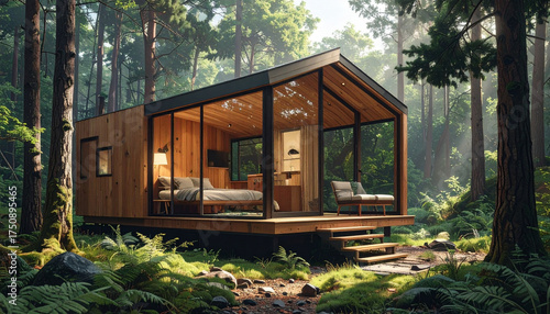 Cozy minimalist tiny home retreat with a glass facade deep within a secluded, sun-dappled woodland