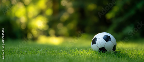 A classic black and white soccer ball resting on vibrant green grass with a blurred natural background, bathed in soft sunlight