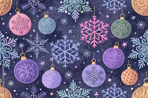 A cozy and festive winter seamless pattern with snowflakes, pine branches, and delicate Christmas tree decorations on a dark textured background