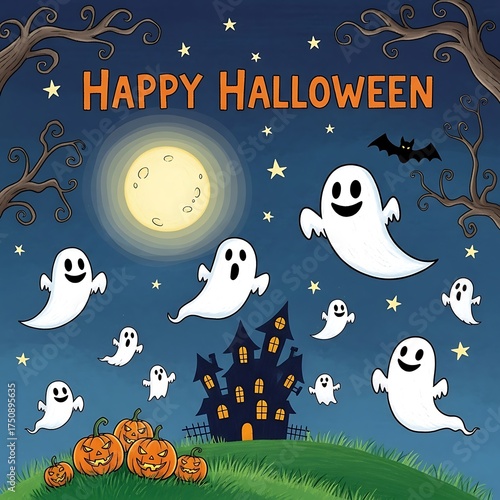 Halloween Night Scene with Ghosts, Pumpkins, and Haunted House.
